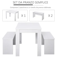 HOMCOM Set 3 Pezzi Tavolo con 2 Panche per Cucina, Bar o Sala da Pranzo Moderna, in Legno Bianco, 2 Posti, 110x70x75cm(m-6)