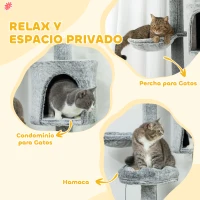 PawHut Árbol para Gatos de Suelo a Techo de 225-255 cm con Altura Ajustable Plataformas Cueva Cama Hamaca Rampa Bolas Gris(m-5)