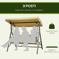 Outsunny Dondolo da Giardino 3 Posti in Acciaio e Poliestere con Tetto Inclinabile e Cuscini, 190x120x178 cm(m-4)