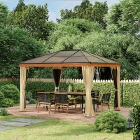 Outsunny 3 x 3.6 m Hardtop Gazebo Canopy, Polycarbonate Roof Garden Pavilion with Aluminium and Steel Frame, Nettings and Sidewalls for Garden, Patio, Khaki(m-2)