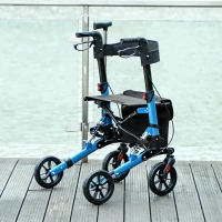 HOMCOM Folding Rollator Walker with Seat, Backrest, Lightweight Walking Frame with Storage Bag, Dual Brakes, Adjustable Handle Height, Suspension System, 4 Wheeled Walker for Seniors, Blue(m-9)
