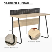 HOMCOM Schreibtisch Bürotisch Computertisch mit Stecktafel Kabelmanagement-Loch für Zettel Pendant Spanplatte Metall Naturholz+Schwarz 110 x 48 x 90 cm(m-4)