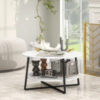 HOMCOM 2-Tier Round Coffee Table with Storage Shelf, Living Room Table with Marble Effect Top and Steel Frame, White(m-2)