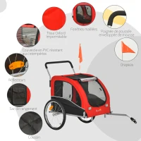 PawHut Remorque à vélo et poussette pour animaux de compagnie conception 2 en 1 pliable en tissu Oxford 4 réflecteurs drapeau inclus 162 x 74 x 85 cm rouge et noir(m-5)