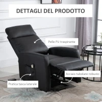 HOMCOM Poltrona Elettrica Alzapersona 45°, Poltrona Relax Elettrica Reclinabile a 145° con Telecomando e Poggiapiedi, in Pelle PU Nero, 67x95x105 cm(m-7)