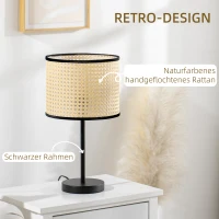 HOMCOM Tischleuchte im Vintage-Design, Lampenschirm aus Rattan, 25 cm x 25 cm x 47 cm, Natur + Schwarz(m-4)