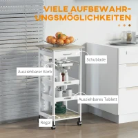 HOMCOM Küchenwagen, Servierwagen mit Schublade und abnehmbarem Tablett Küchenrollwagen, Rollwagen mit Arbeitsplatte, Kieferholz, Weiß, 37 x 37 x 82 cm(m-4)