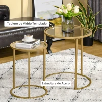 HOMCOM Juego de 2 Mesitas Auxiliares Anidadas con Estructura de Metal y Encimera de Cristal Ø50x58 cm y Ø37x51 cm Dorado(m-5)