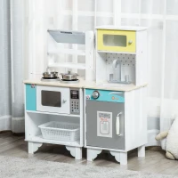 HOMCOM Two Kids Wooden Toy Kitchen Play Cooking Set Pretend Role Playset, with Sink Faucet, Cooking Bench, Telephone, Pots, for 3-6 Years(m-10)