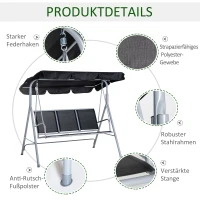 Outsunny Hollywoodschaukel mit verstellbarem Sonnendach, 3-Sitzer Gartenschaukel mit Anti-Rutsch-Füßen, Schaukelbank belastbar bis 240 kg, Gartenliege für Garten, Terasse, 170x110x153cm, Grau+Schwarz(m-5)