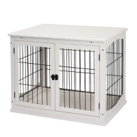 PawHut Jaula para Perros de Madera con Superficie de Mesa 2 Puertas y Rejillas de Metal 81x58,5x66 cm Blanco(m-10)