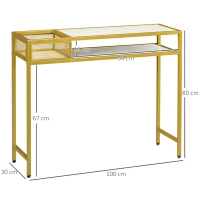 HOMCOM Mesa de Entrada con Estante Cesta de Almacenamiento y Marco de Acero Mueble Recibidor 100x30x80 cm Oro y Blanco(m-3)