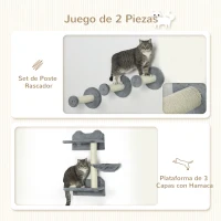 PawHut Juego de Rascador de Pared para Gatos con 3 Postes de Sisal Hamaca y 1 Plataforma para Saltar de 3 Nivele Gris(m-5)