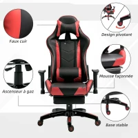 HOMCOM Chaise gaming fauteuil de bureau revêtement synthétique hauteur réglable repose-pieds télescopique 69 x 70 x 134 cm noir(m-6)