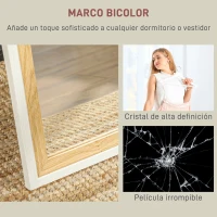 HOMCOM Espejo de Cuerpo Entero 157x37 cm Espejo de Pie o de Pared con Marco de MDF y Soporte Blanco y Natural Oscuro(m-5)