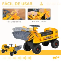 HOMCOM Camion Correpasillos Tractor sin Pedales para Niños de 2-3 Años con Pala Excavadora Espacio de Almacenaje Oculto y Bocina 70x26x37 cm Amarillo(m-4)