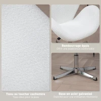 HOMCOM Fauteuil pivotant hauteur réglable revêtement tissu bouclette pour salon chambre bureau, blanc(m-6)