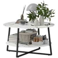 HOMCOM 2-Tier Round Coffee Table with Storage Shelf, Living Room Table with Marble Effect Top and Steel Frame, White(m-11)