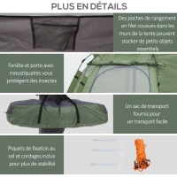 Outsunny Tente pop up tente de camping 3-4 pers. tente dôme étanche légère ventilée facile à monter 2 grandes portes dim. 2,6L x 2,6l x 1,5H m fibre verre polyester oxford vert gris(m-6)