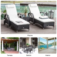 Outsunny Conjunto de 2 Tumbonas con Cojín y Respaldo Ajustable 5 Posiciones y 1 Mesita de Ratán Sintético Color Negro(m-6)