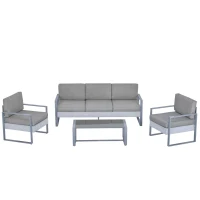Outsunny Salotto da Giardino Set 4 Pezzi Mobile da Giardino con Tavolino, Divano 3 Posti, 2 Poltrone e Cuscini, Alluminio e Vetro Grigio(m-10)