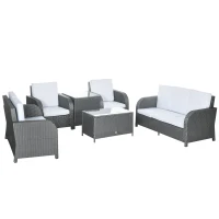 Outsunny 7 Seater Outdoor Rattan Garden Furniture Sets with Wicker Sofa, Reclining Armchair and Glass Table, 181x75x81cm, Grey(m-1)