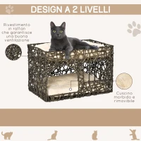 PawHut Cuccia per Gatti a 2 Livelli con 2 Cuscini, Lettino per Gatti Adulti fino 5kg in Vimini Sintetico, 56x41x45cm, Marrone Scuro(m-4)