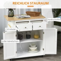 HOMCOM Küchenwagen mit Rollen, Rollwagen mit Seitenregal Küchentrolley, Servierwagen mit Gewürzregal, Küchenhilfe, P2 MDF, Gummiholz, Weiß+Natur, 89 x 45 x 89,5 cm(m-4)