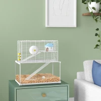 PawHut Gerbil Cage, Dwarf Hamster Cage w/ Deep Glass Bottom, Ramps, Platforms, Hut, Exercise Wheels, Water Bottle - White(m-10)