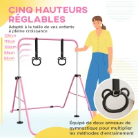 HOMCOM Barre de gymnastique pour enfants, barre horizontale pliable à hauteur réglable avec anneaux de gymnastique, rose(m-4)