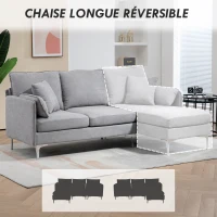 HOMCOM Canapé d'angle 3 Places méridienne réversible droite ou gauche, salon, grand confort Tissu Polyester Gris Clair(m-6)