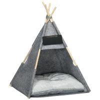 PawHut Tipi Tienda para Mascotas Tienda de Campaña para Mascotas con Cojín Extraíble Lavable Pizarra de Fieltro Madera para Perros Pequeños Gatos 58x58x80 cm Gris(m-1)