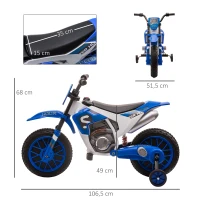 HOMCOM Moto Cross électrique Enfant 3 à 5 Ans 12 V 3-8 Km/h avec roulettes latérales Amovibles dim. 106,5L x 51,5l x 68H cm Bleu(m-3)