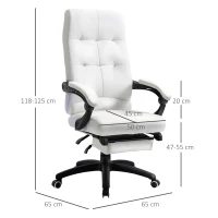 Vinsetto Silla de Oficina Giratoria Silla de Escritorio Reclinable Silla de Estudio Tapizada de PU con Altura Ajustable Reposabrazos Reposapiés 65x65x118-125 cm Blanco(m-3)