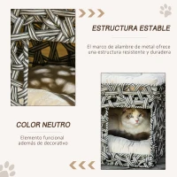 PawHut Cesta de Ratán para Gatos de 2 Pisos Cueva Cama de Gato Tipo Caseta con 2 Cojines Suaves Estructura de Metal 51x42x37 cm Gris y Beige(m-7)