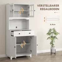 HOMCOM Freistehender Küchenschrank mit Arbeitsplatte für Mikrowelle, Kaffeemaschine, Schränke, Glastüren, Weiß(m-6)