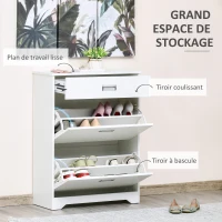 HOMCOM Meuble à chaussures avec 2 tiroirs rabattables étagère réglable + 1 tiroir  jusqu'à 16 paires 70L x 29l x 92H Blanc(m-4)