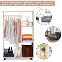 HOMCOM Kleiderschrank auf Rollen, mobile Garderobe, Garderobenschrank, Rollbarer Kleiderständer, 80 x 40 x 128 cm, Natur(m-4)