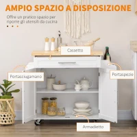 HOMCOM Carrello da Cucina con Cassetto, Portaspezie, Armadietto e 4 Ruote, 109x40x89cm, Bianco(m-4)