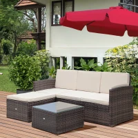Outsunny 3 Pieces Outdoor PE Rattan Corner Sofa Set with Thick Cushions, Patio Rattan Garden Furniture with Glass Top Coffee Table and Footstool, Brown(m-2)