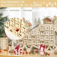 HOMCOM Calendario de Adviento de Navidad con Luces y 24 Cajones Decoración Navideña Modelo Trineo 45x10x31 cm Madera Natural(m-5)