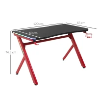 HOMCOM RGB Gaming Desk Computer Table Metal Frame with LED Light, Cup Holder, Headphone Hook, Cable Hole, Red(m-3)