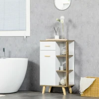 kleankin Meuble bas de salle de bain style scandinave 1 tiroir 1 placard et 3 étagères - 50 x 30 x 89 cm - blanc et naturel(m-7)