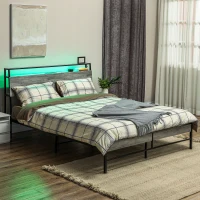HOMCOM Double Steel Bed Frame, with LED Lights and Headboard Shelf - Grey(m-2)