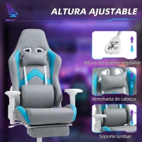 HOMCOM Silla Gamer Reclinable con Altura Ajustable Reposapiés Retráctil Soporte Lumbar y Reposacabezas Gris Claro y Azul(m-7)