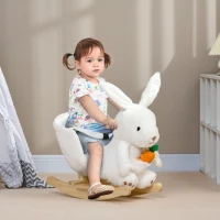 HOMCOM Jouet à bascule modèle lapin fonction musicale selle grand confort peluche courte douce bois peuplier 18-36 mois blanc(m-2)