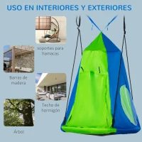 Outsunny Columpio con Tienda Infantil Columpio Nido con Puerta Enrollable y 2 Ventanas de Malla para Niños y Adultos Carga Max. 200 kg Interior y Exterior Ø100x180 cm Verde y Azul(m-5)