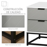 HOMCOM Mesita de Noche Mesa Auxiliar con 2 Cajones y Base Elevada de Metal para Dormitorio Cama Salón Estilo Moderno y Minimalista 39,5x40x48 cm Blanco y Gris(m-6)
