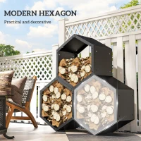 Outsunny Fireplace Log Rack, Steel Firewood Log Holder, 3 Hexagon Boxes, Indoor Outdoor Wood Storage Shelf, 113 x 37 x 113cm, Black(m-4)