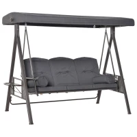Outsunny 3 Seater Garden Swing Chair Outdoor Hammock Bench w/ Adjustable Canopy, Cushions and Cup Trays, Brown Steel Frame, Dark Grey Fabric(m-1)